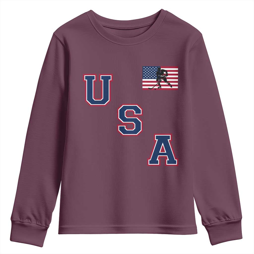 USA Flag Hockey Youth Sweatshirt Patriotic Ice Hockey Team Fan Vintage Throwback TS02 Maroon Print Your Wear