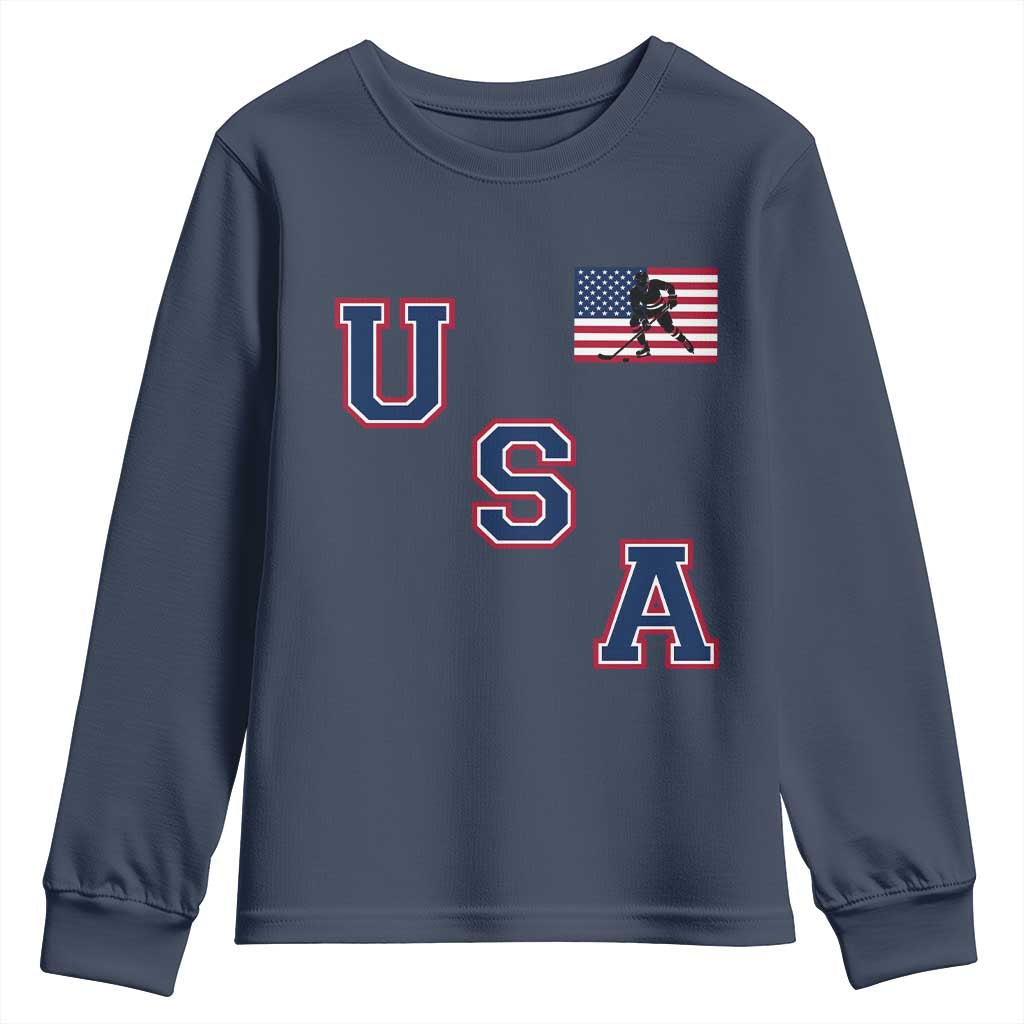USA Flag Hockey Youth Sweatshirt Patriotic Ice Hockey Team Fan Vintage Throwback TS02 Navy Print Your Wear