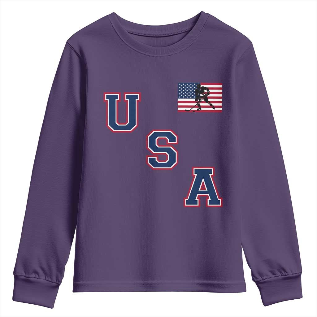 USA Flag Hockey Youth Sweatshirt Patriotic Ice Hockey Team Fan Vintage Throwback TS02 Purple Print Your Wear