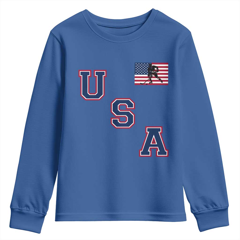 USA Flag Hockey Youth Sweatshirt Patriotic Ice Hockey Team Fan Vintage Throwback TS02 Royal Blue Print Your Wear