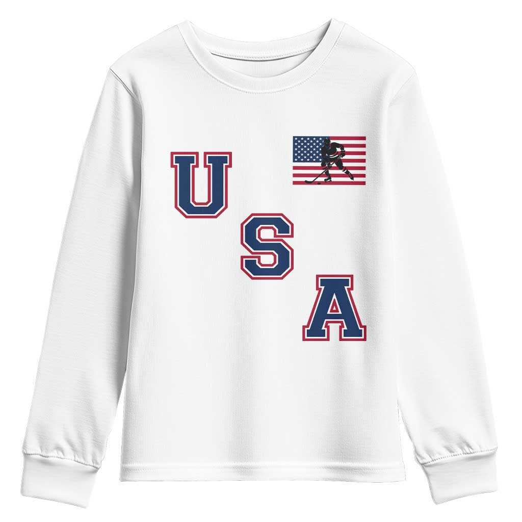 USA Flag Hockey Youth Sweatshirt Patriotic Ice Hockey Team Fan Vintage Throwback TS02 White Print Your Wear