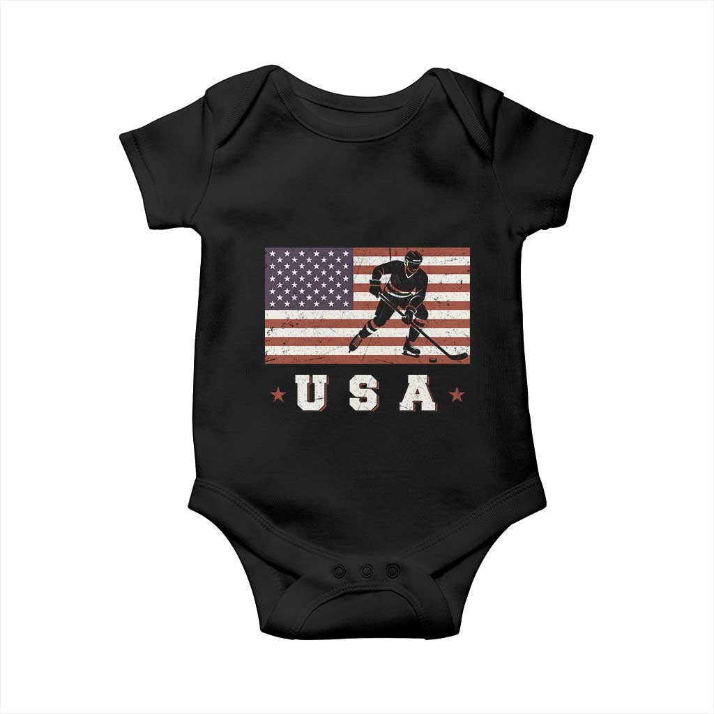 USA Flag Hockey Baby Onesie Patriotic Ice Hockey Player Retro Vintage TS02 Black Print Your Wear