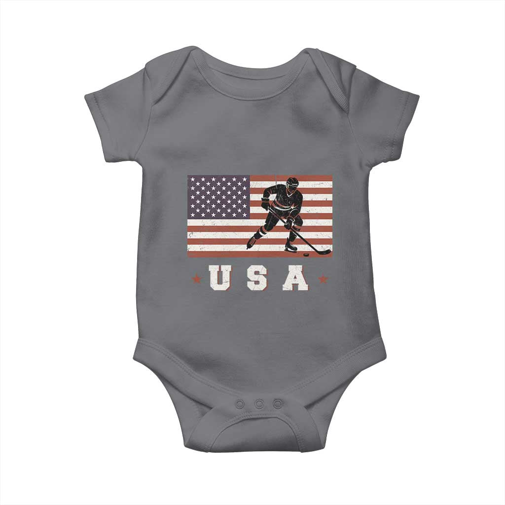 USA Flag Hockey Baby Onesie Patriotic Ice Hockey Player Retro Vintage TS02 Charcoal Print Your Wear