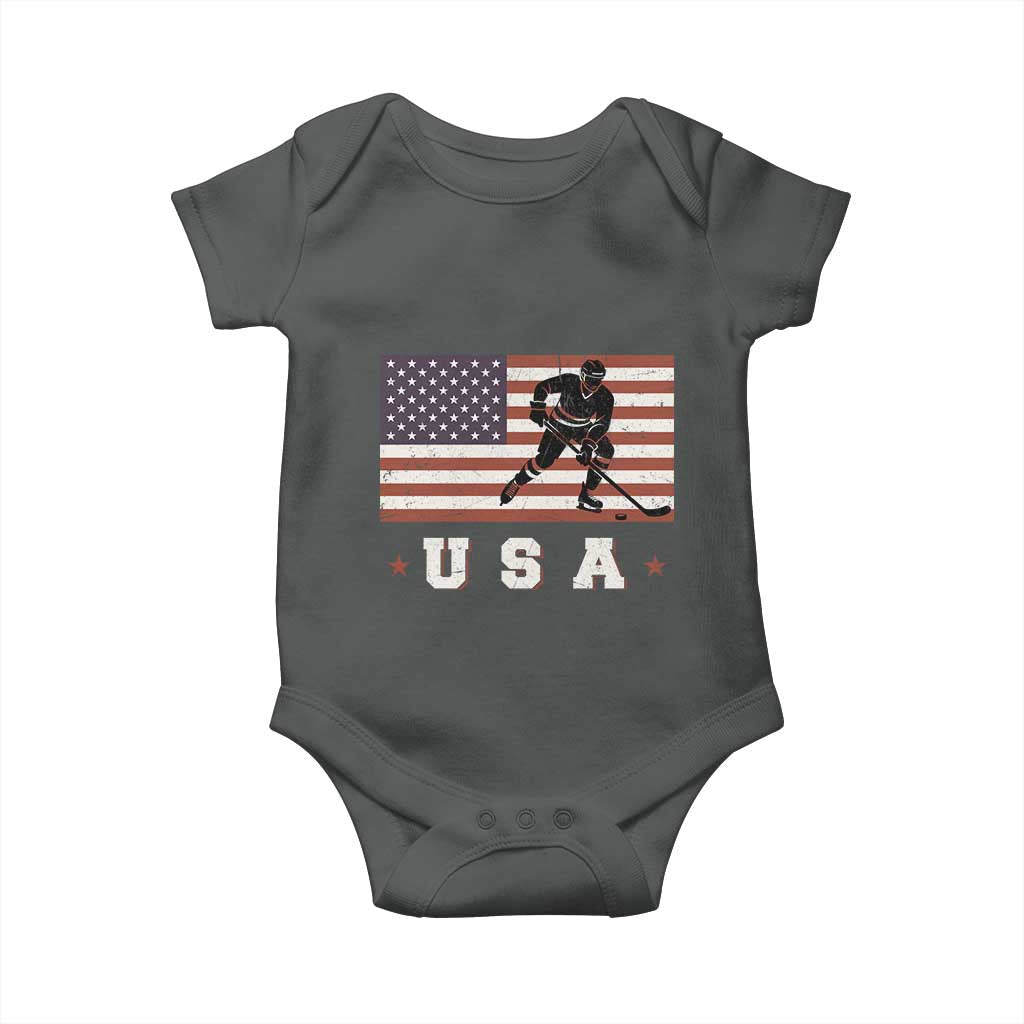 USA Flag Hockey Baby Onesie Patriotic Ice Hockey Player Retro Vintage TS02 Dark Heather Print Your Wear
