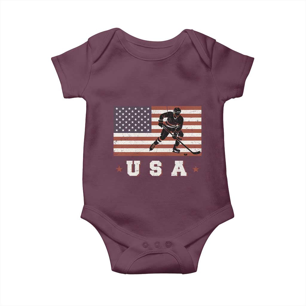 USA Flag Hockey Baby Onesie Patriotic Ice Hockey Player Retro Vintage TS02 Maroon Print Your Wear