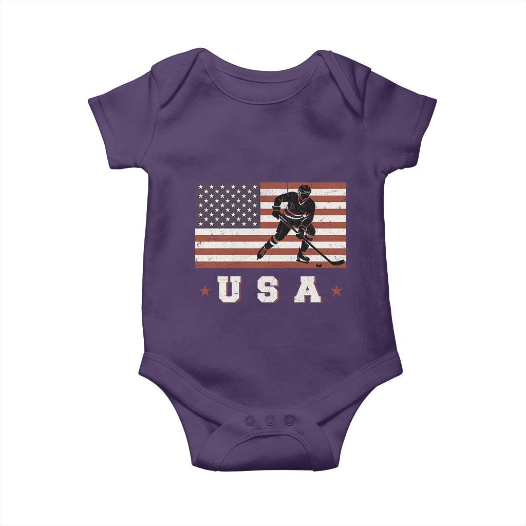 USA Flag Hockey Baby Onesie Patriotic Ice Hockey Player Retro Vintage TS02 Purple Print Your Wear