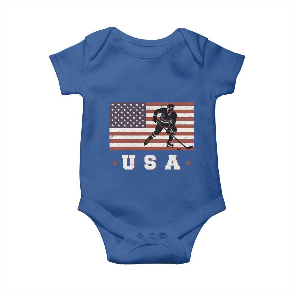 USA Flag Hockey Baby Onesie Patriotic Ice Hockey Player Retro Vintage TS02 Royal Blue Print Your Wear