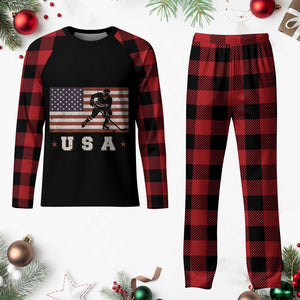 USA Flag Hockey Plaid Pajama Set Patriotic Ice Hockey Player Retro Vintage TS02 Buffalo Plaid Print Your Wear