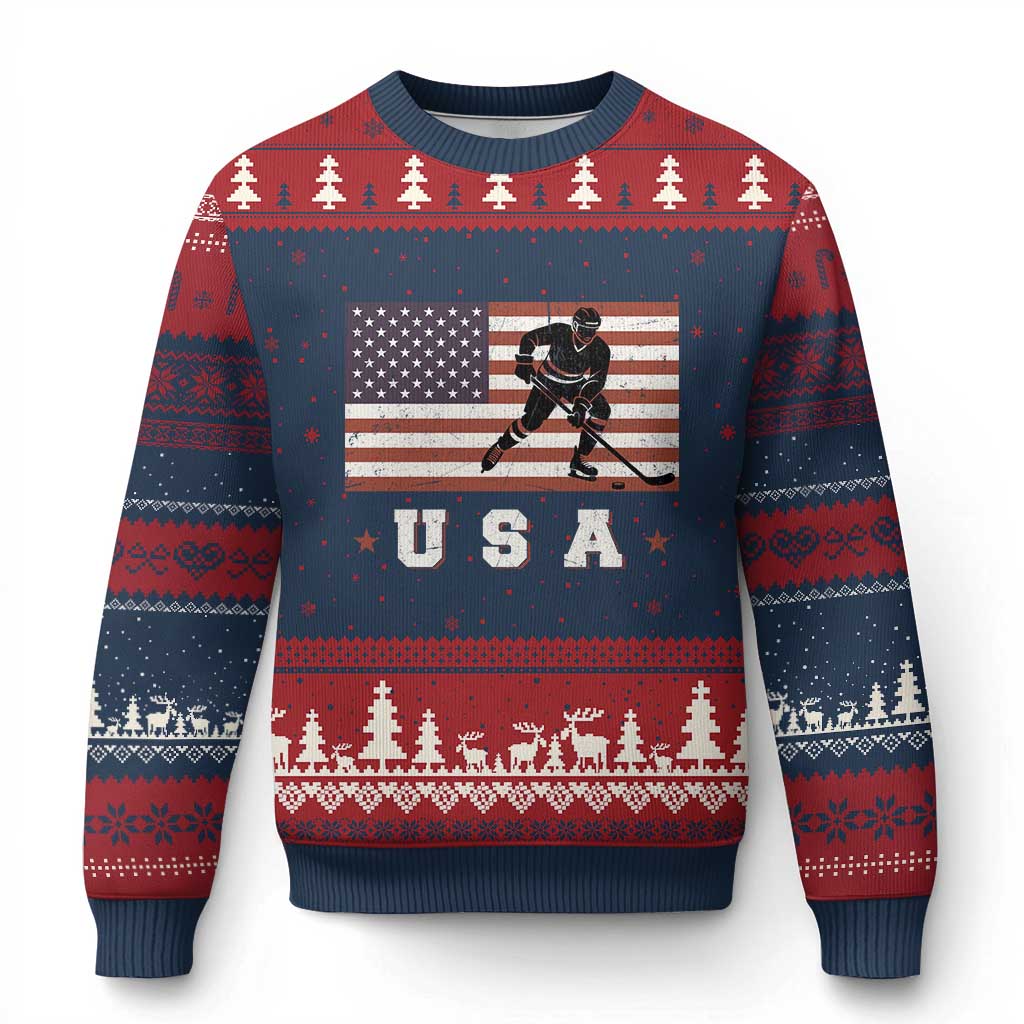 USA Flag Hockey Ugly Christmas Sweater Patriotic Ice Hockey Player Retro Vintage TS02 Navy Red Print Your Wear