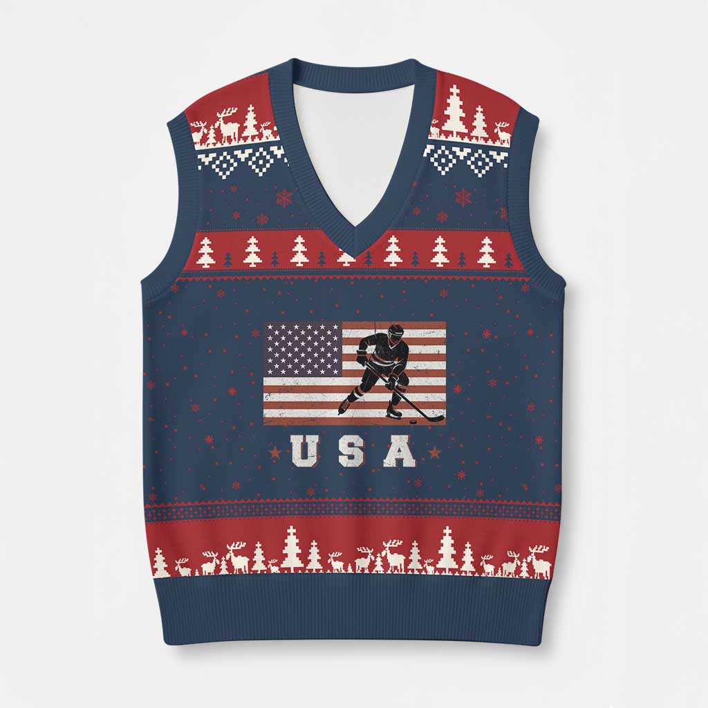 USA Flag Hockey V-Neck Knit Sweater Vest Patriotic Ice Hockey Player Retro Vintage TS02 Navy Red Print Your Wear