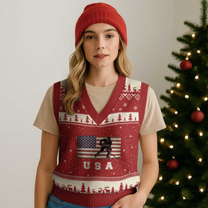 USA Flag Hockey V-Neck Knit Sweater Vest Patriotic Ice Hockey Player Retro Vintage TS02 Red Beige Print Your Wear
