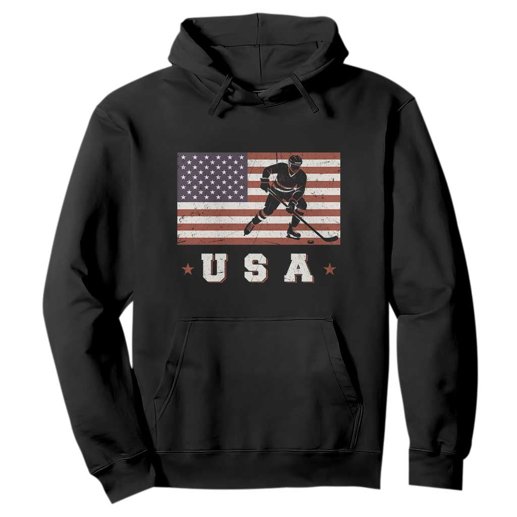 USA Flag Hockey Hoodie Patriotic Ice Hockey Player Retro Vintage TS02 Black Print Your Wear