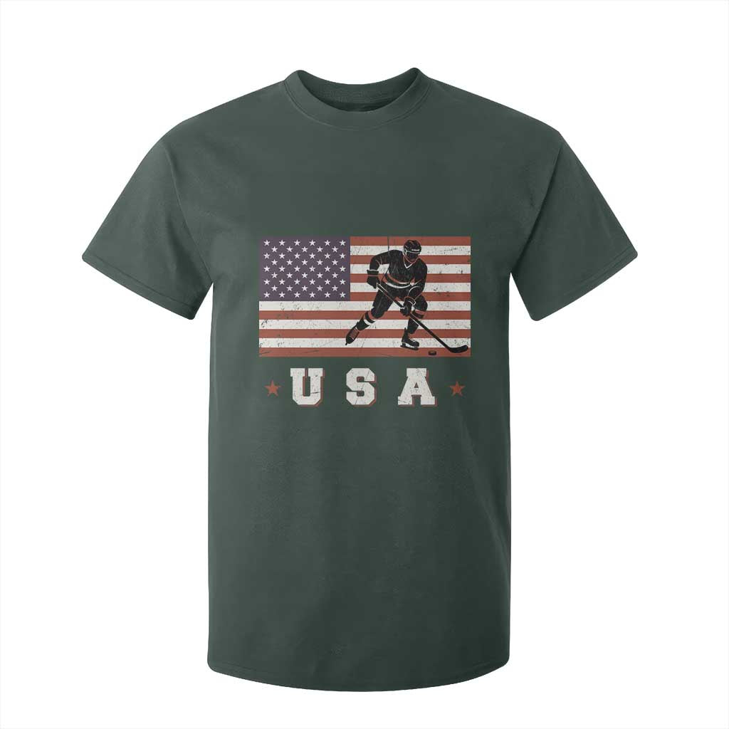 USA Flag Hockey T Shirt For Kid Patriotic Ice Hockey Player Retro Vintage TS02 Dark Forest Green Print Your Wear