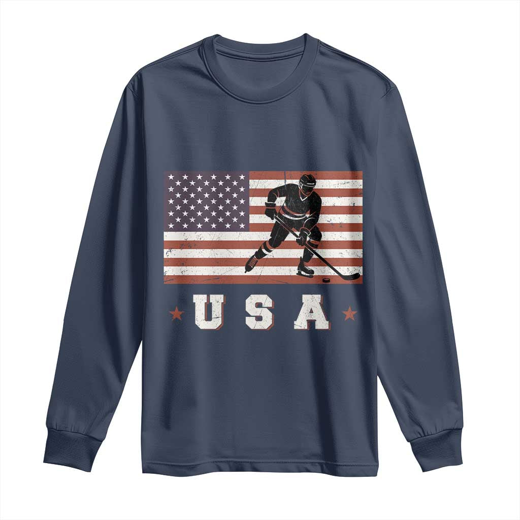 USA Flag Hockey Long Sleeve Shirt Patriotic Ice Hockey Player Retro Vintage TS02 Navy Print Your Wear
