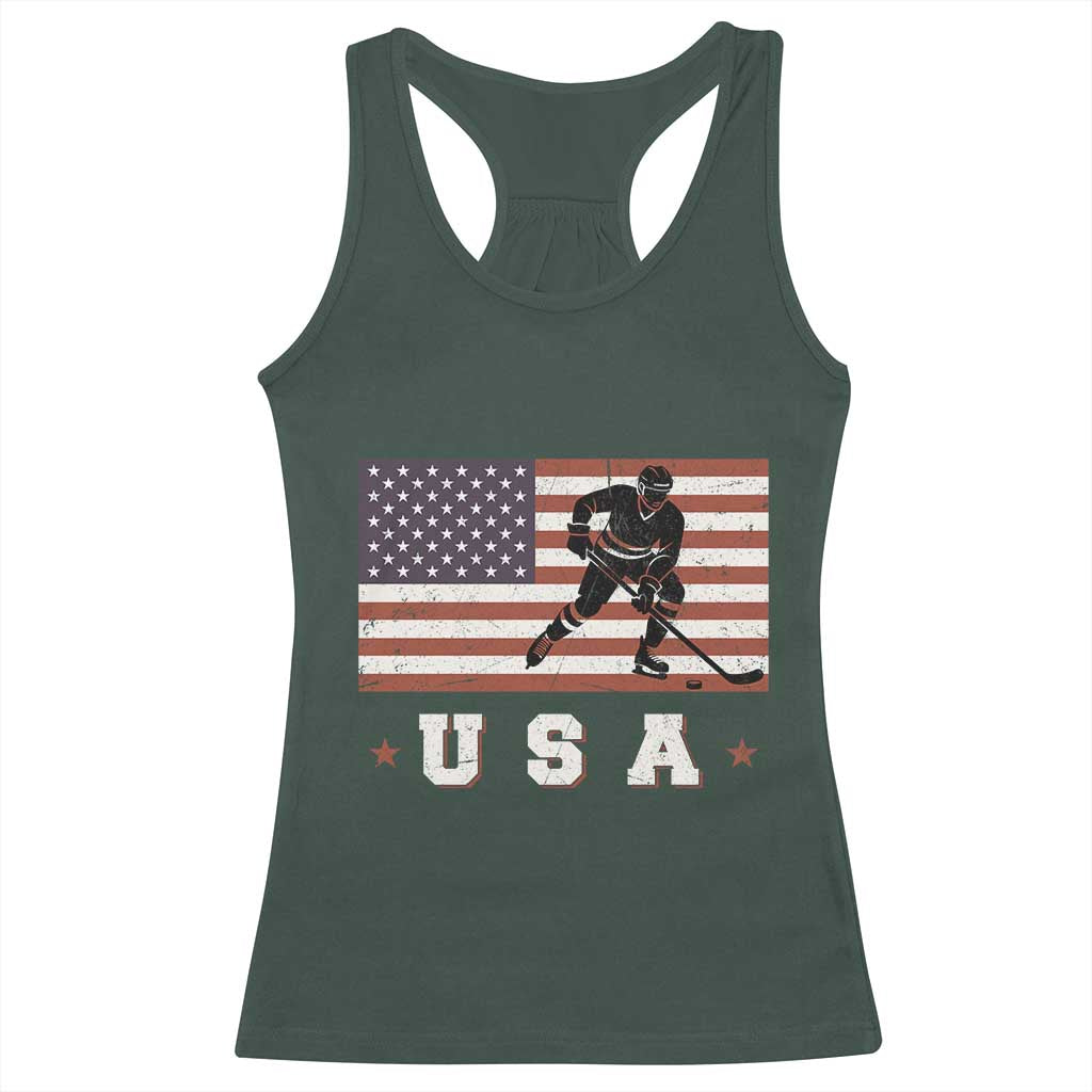 USA Flag Hockey Racerback Tank Top Patriotic Ice Hockey Player Retro Vintage TS02 Dark Forest Green Print Your Wear