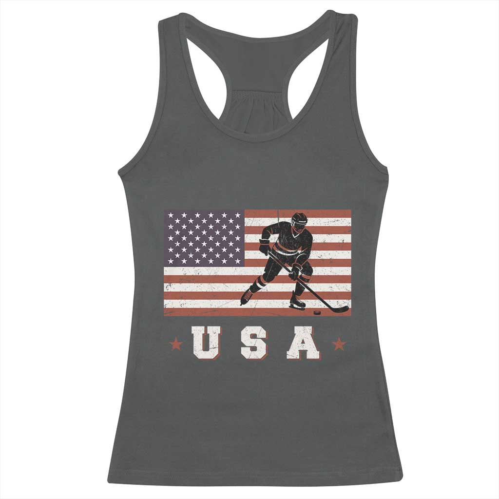 USA Flag Hockey Racerback Tank Top Patriotic Ice Hockey Player Retro Vintage TS02 Dark Heather Print Your Wear