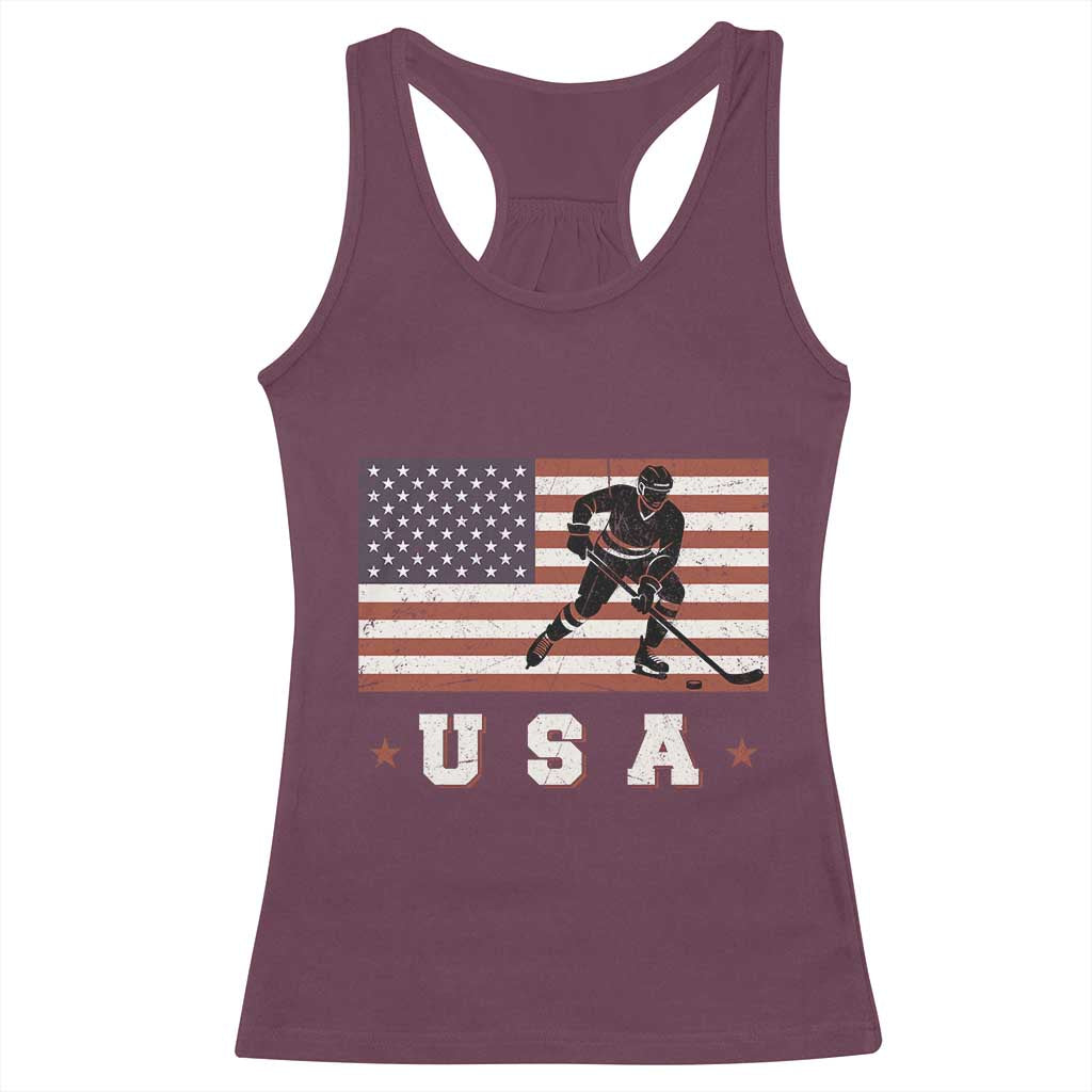 USA Flag Hockey Racerback Tank Top Patriotic Ice Hockey Player Retro Vintage TS02 Maroon Print Your Wear