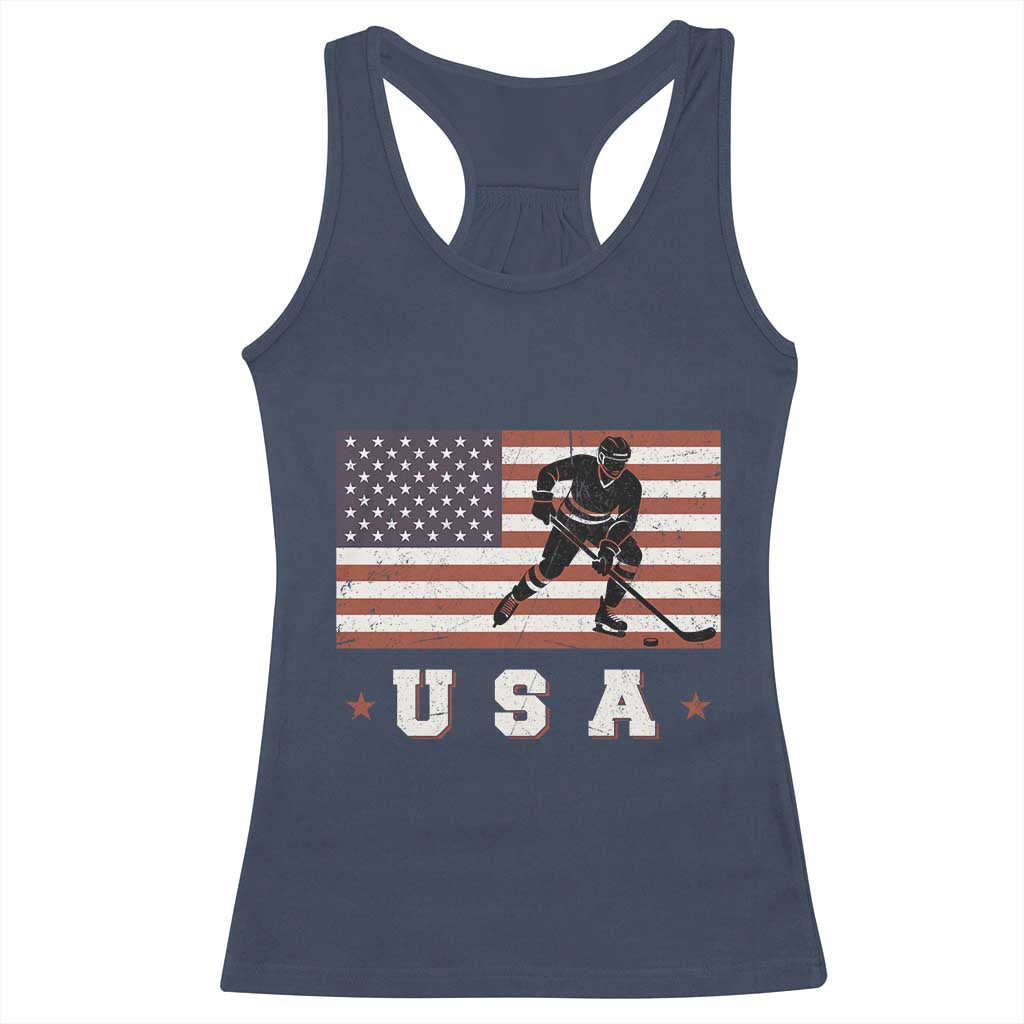 USA Flag Hockey Racerback Tank Top Patriotic Ice Hockey Player Retro Vintage TS02 Navy Print Your Wear
