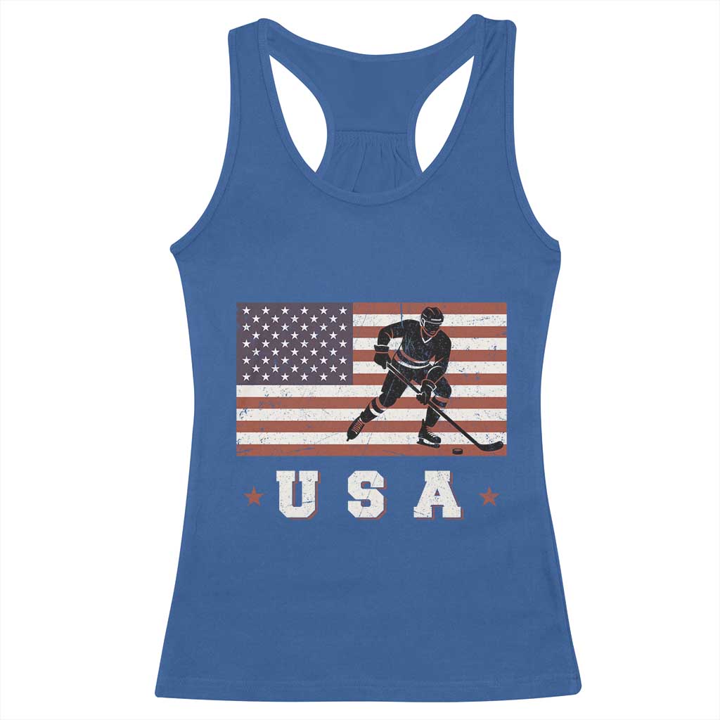 USA Flag Hockey Racerback Tank Top Patriotic Ice Hockey Player Retro Vintage TS02 Royal Blue Print Your Wear