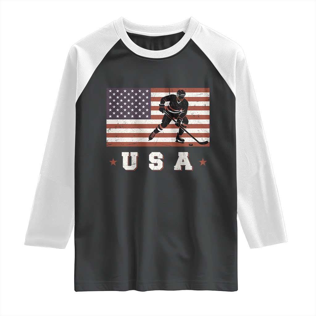 USA Flag Hockey Raglan Shirt Patriotic Ice Hockey Player Retro Vintage TS02 Black White Print Your Wear