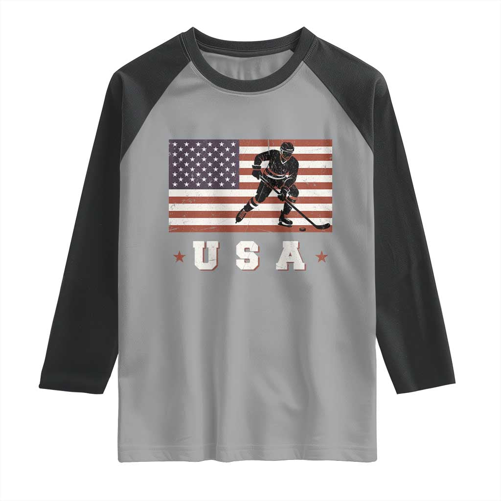 USA Flag Hockey Raglan Shirt Patriotic Ice Hockey Player Retro Vintage TS02 Sport Gray Black Print Your Wear