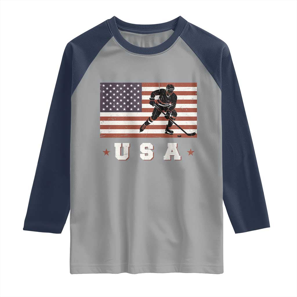 USA Flag Hockey Raglan Shirt Patriotic Ice Hockey Player Retro Vintage TS02 Sport Gray Navy Print Your Wear