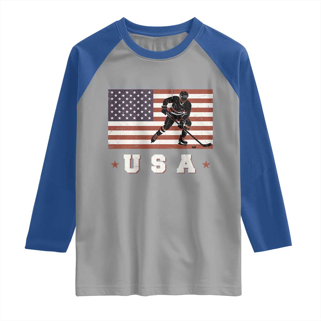USA Flag Hockey Raglan Shirt Patriotic Ice Hockey Player Retro Vintage TS02 Sport Gray Royal Print Your Wear