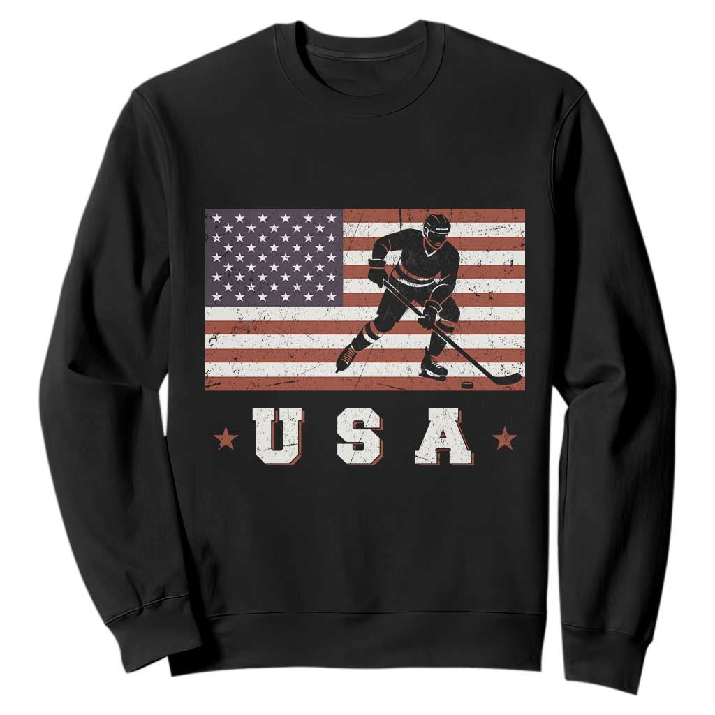USA Flag Hockey Sweatshirt Patriotic Ice Hockey Player Retro Vintage TS02 Black Print Your Wear