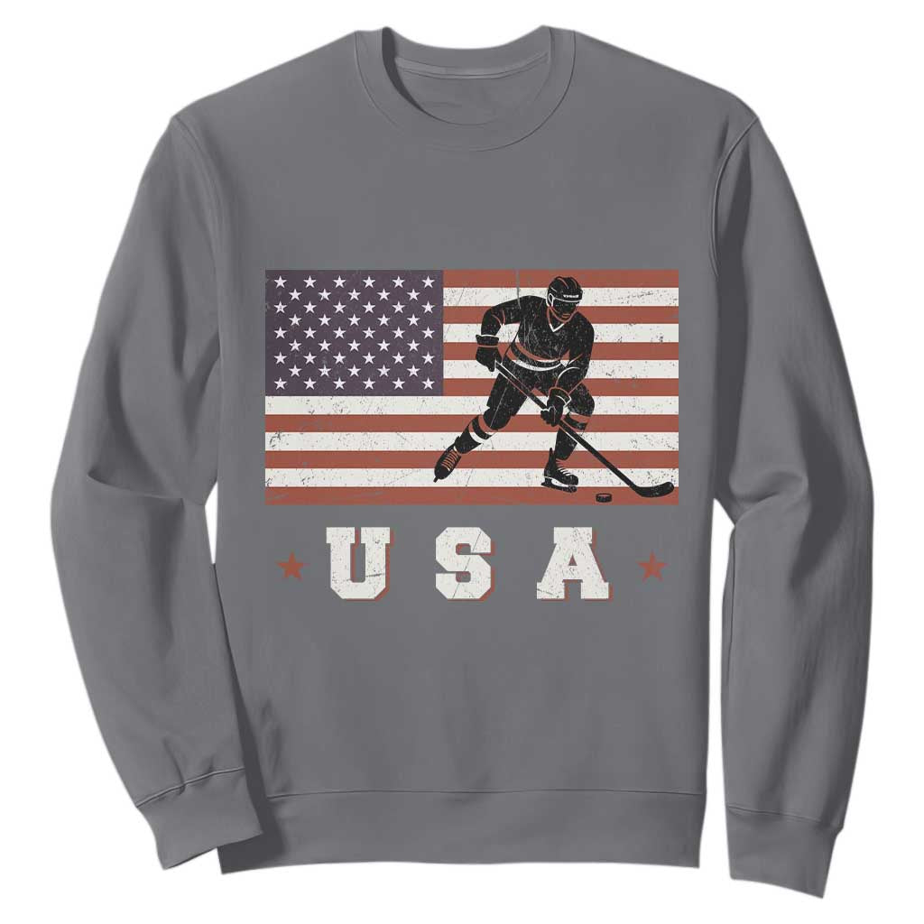 USA Flag Hockey Sweatshirt Patriotic Ice Hockey Player Retro Vintage TS02 Charcoal Print Your Wear