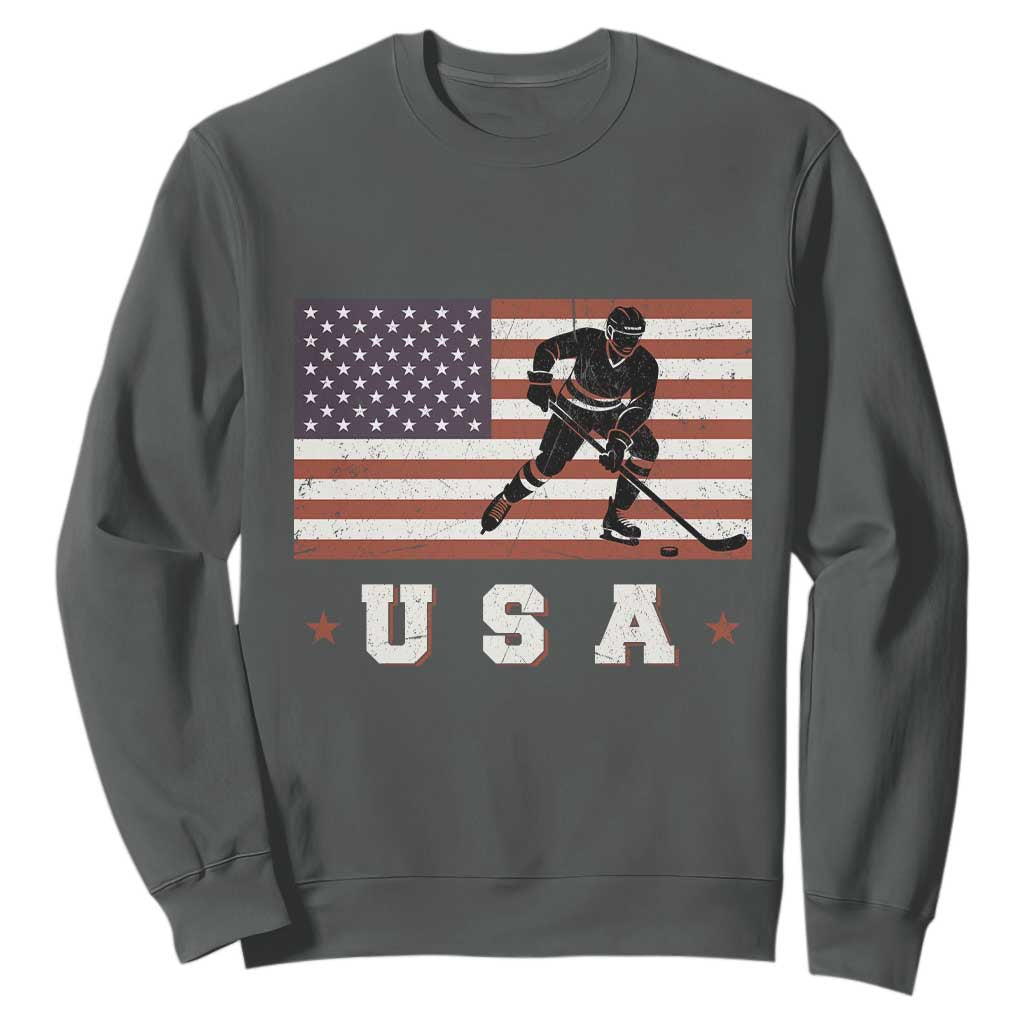 USA Flag Hockey Sweatshirt Patriotic Ice Hockey Player Retro Vintage TS02 Dark Heather Print Your Wear