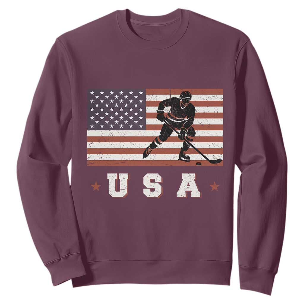 USA Flag Hockey Sweatshirt Patriotic Ice Hockey Player Retro Vintage TS02 Maroon Print Your Wear