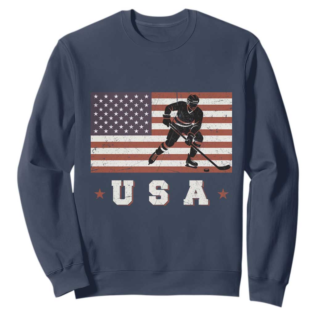 USA Flag Hockey Sweatshirt Patriotic Ice Hockey Player Retro Vintage TS02 Navy Print Your Wear