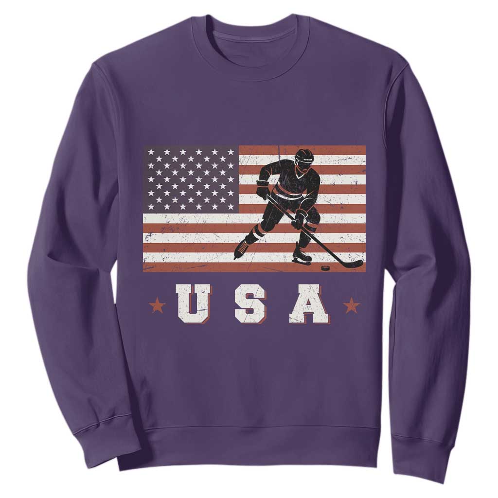 USA Flag Hockey Sweatshirt Patriotic Ice Hockey Player Retro Vintage TS02 Purple Print Your Wear