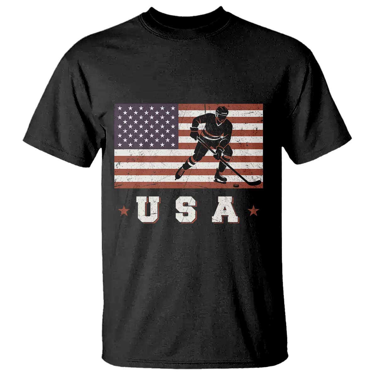 USA Flag Hockey T Shirt Patriotic Ice Hockey Player Retro Vintage TS02 Black Print Your Wear
