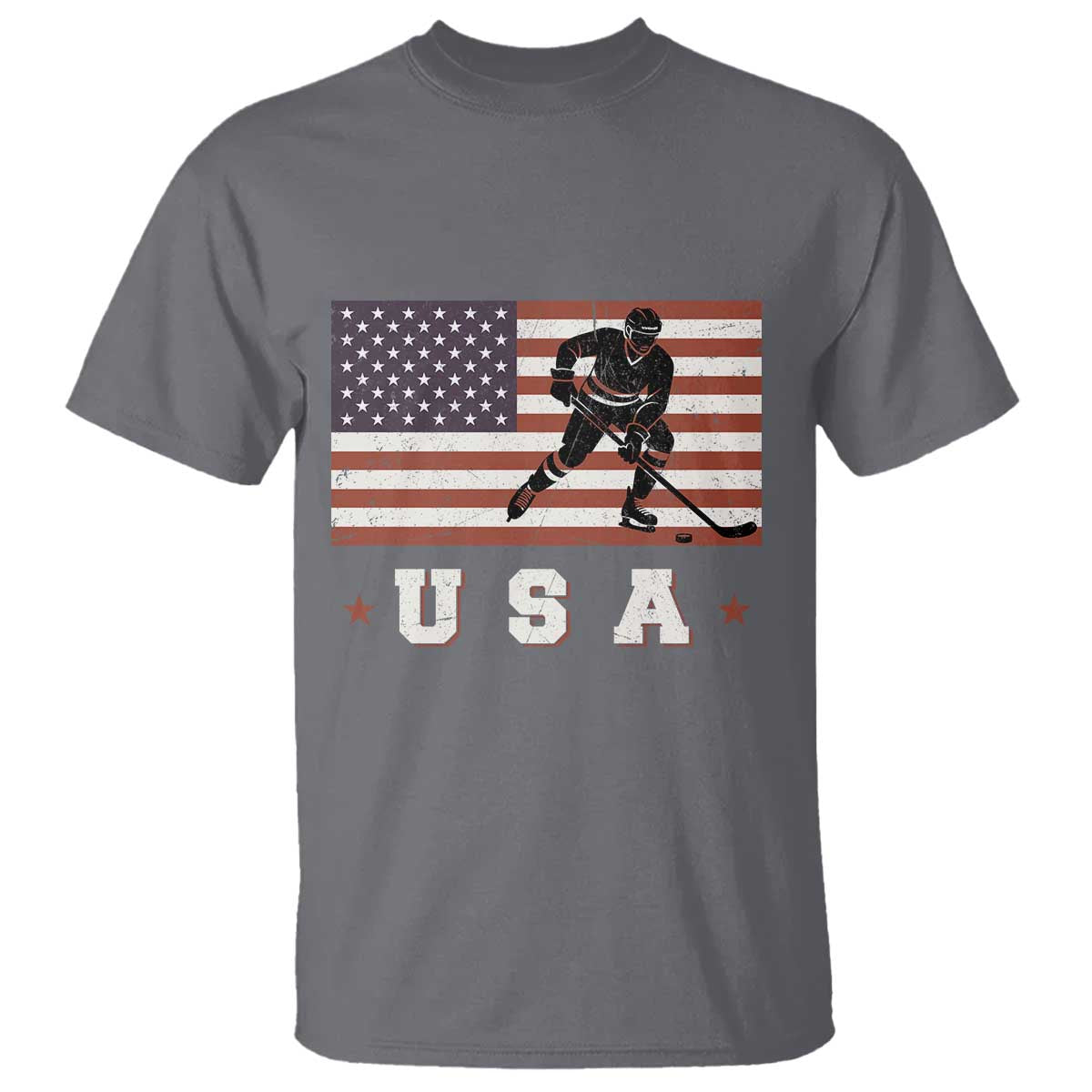 USA Flag Hockey T Shirt Patriotic Ice Hockey Player Retro Vintage TS02 Charcoal Print Your Wear