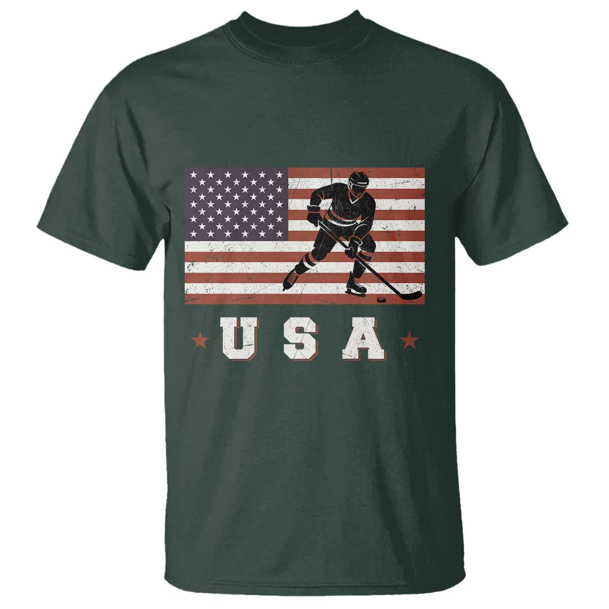 USA Flag Hockey T Shirt Patriotic Ice Hockey Player Retro Vintage TS02 Dark Forest Green Print Your Wear
