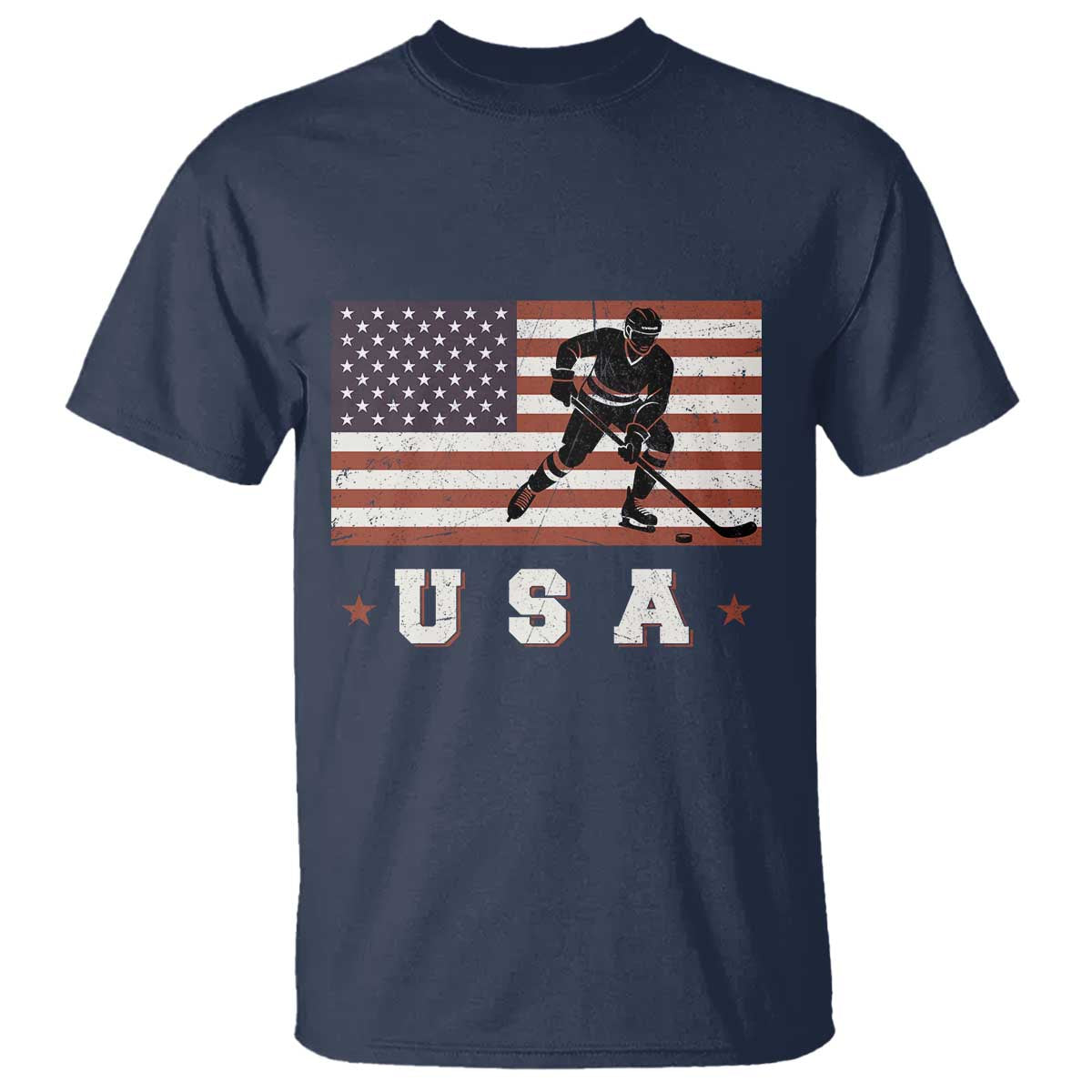 USA Flag Hockey T Shirt Patriotic Ice Hockey Player Retro Vintage TS02 Navy Print Your Wear