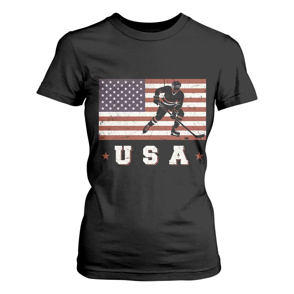 USA Flag Hockey T Shirt For Women Patriotic Ice Hockey Player Retro Vintage TS02 Black Print Your Wear