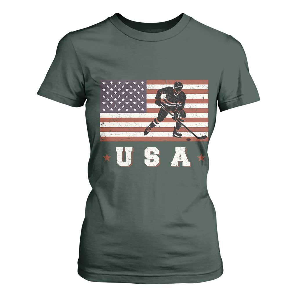 USA Flag Hockey T Shirt For Women Patriotic Ice Hockey Player Retro Vintage TS02 Dark Forest Green Print Your Wear