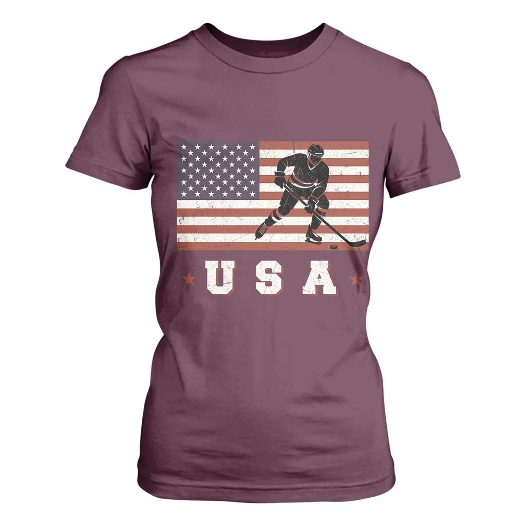 USA Flag Hockey T Shirt For Women Patriotic Ice Hockey Player Retro Vintage TS02 Maroon Print Your Wear