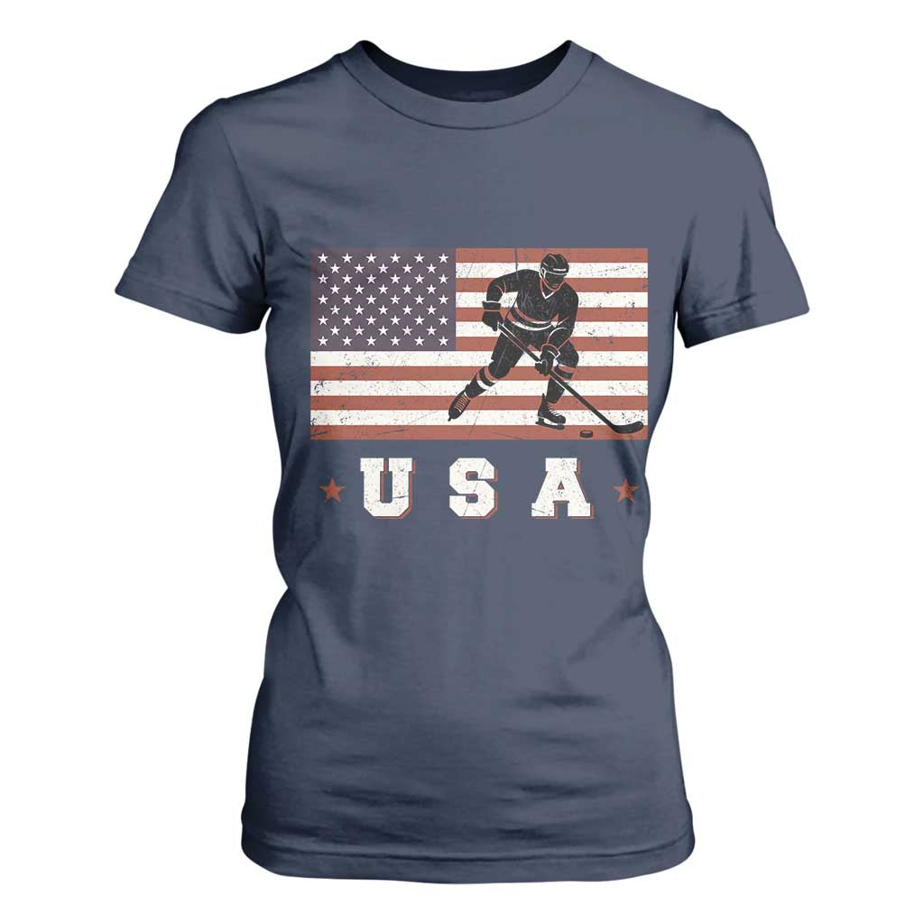 USA Flag Hockey T Shirt For Women Patriotic Ice Hockey Player Retro Vintage TS02 Navy Print Your Wear