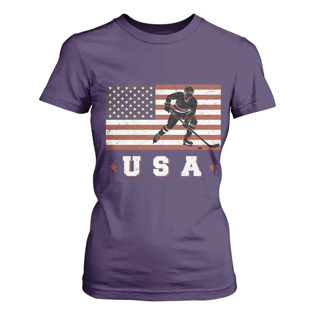 USA Flag Hockey T Shirt For Women Patriotic Ice Hockey Player Retro Vintage TS02 Purple Print Your Wear