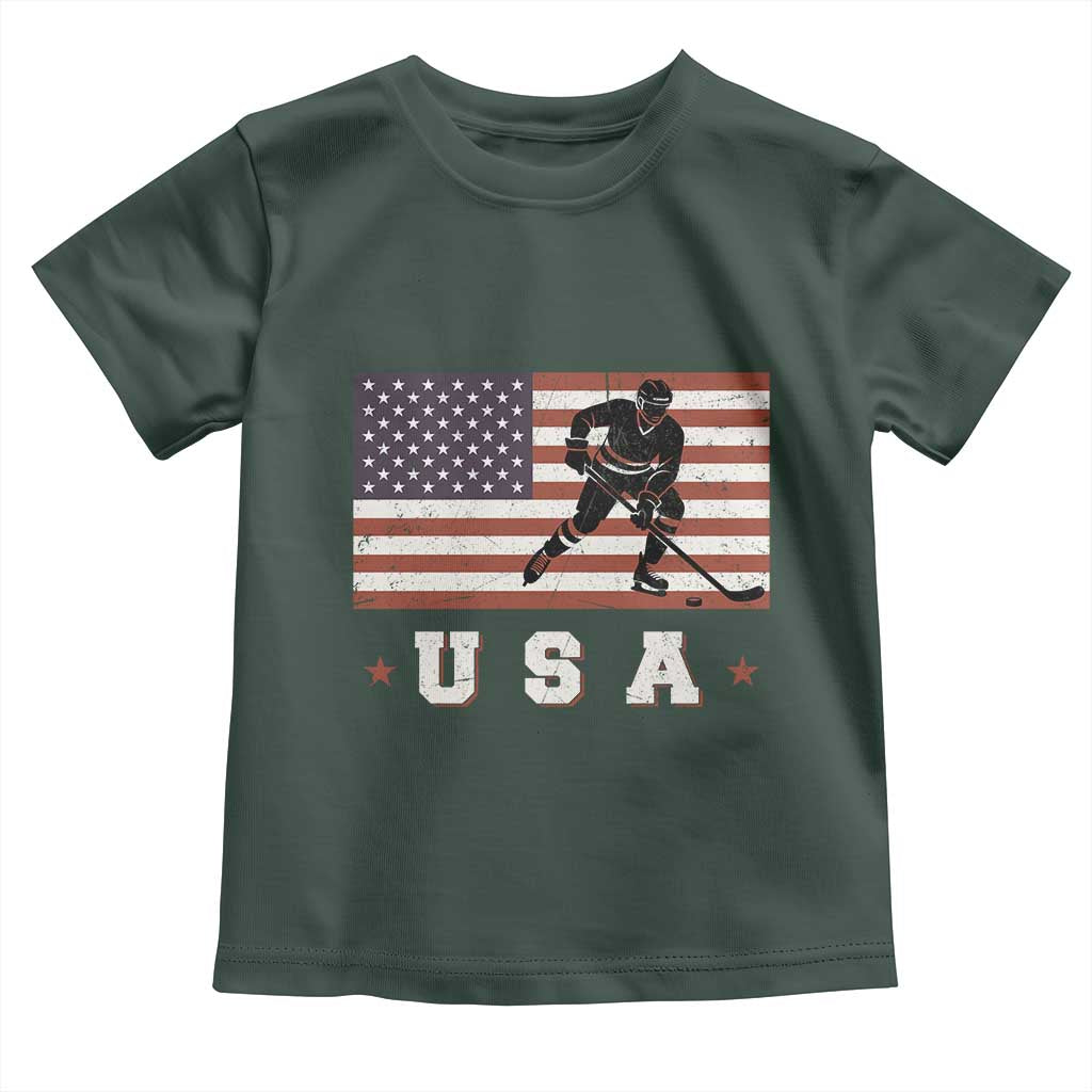 USA Flag Hockey Toddler T Shirt Patriotic Ice Hockey Player Retro Vintage TS02 Dark Forest Green Print Your Wear