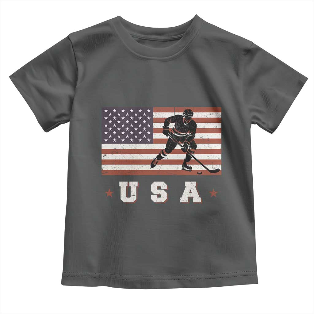 USA Flag Hockey Toddler T Shirt Patriotic Ice Hockey Player Retro Vintage TS02 Dark Heather Print Your Wear