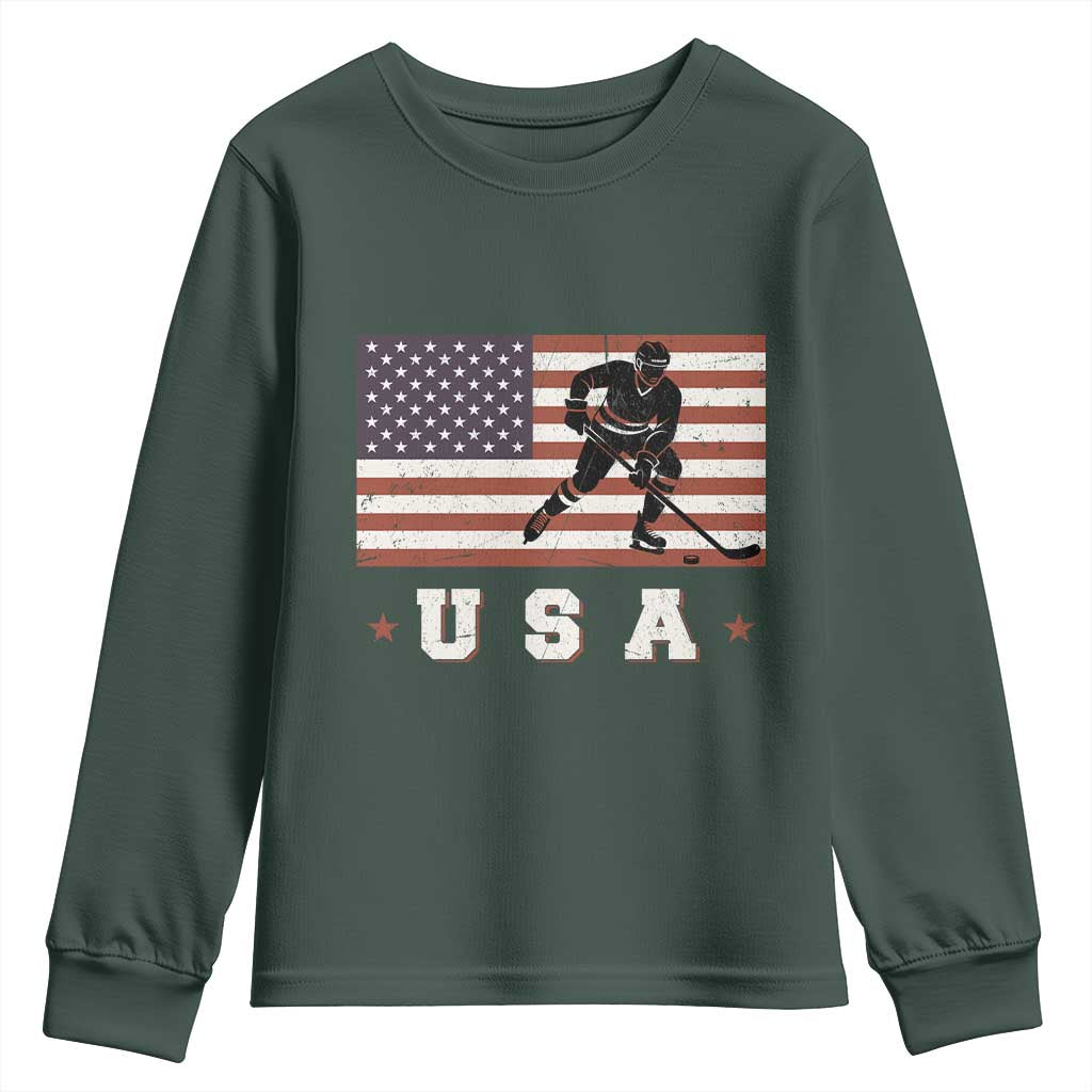 USA Flag Hockey Youth Sweatshirt Patriotic Ice Hockey Player Retro Vintage TS02 Dark Forest Green Print Your Wear