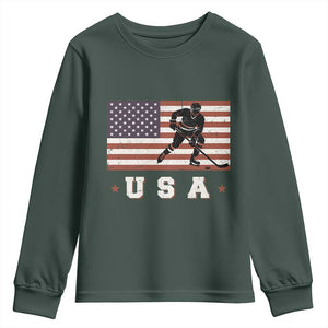USA Flag Hockey Youth Sweatshirt Patriotic Ice Hockey Player Retro Vintage TS02 Dark Forest Green Print Your Wear