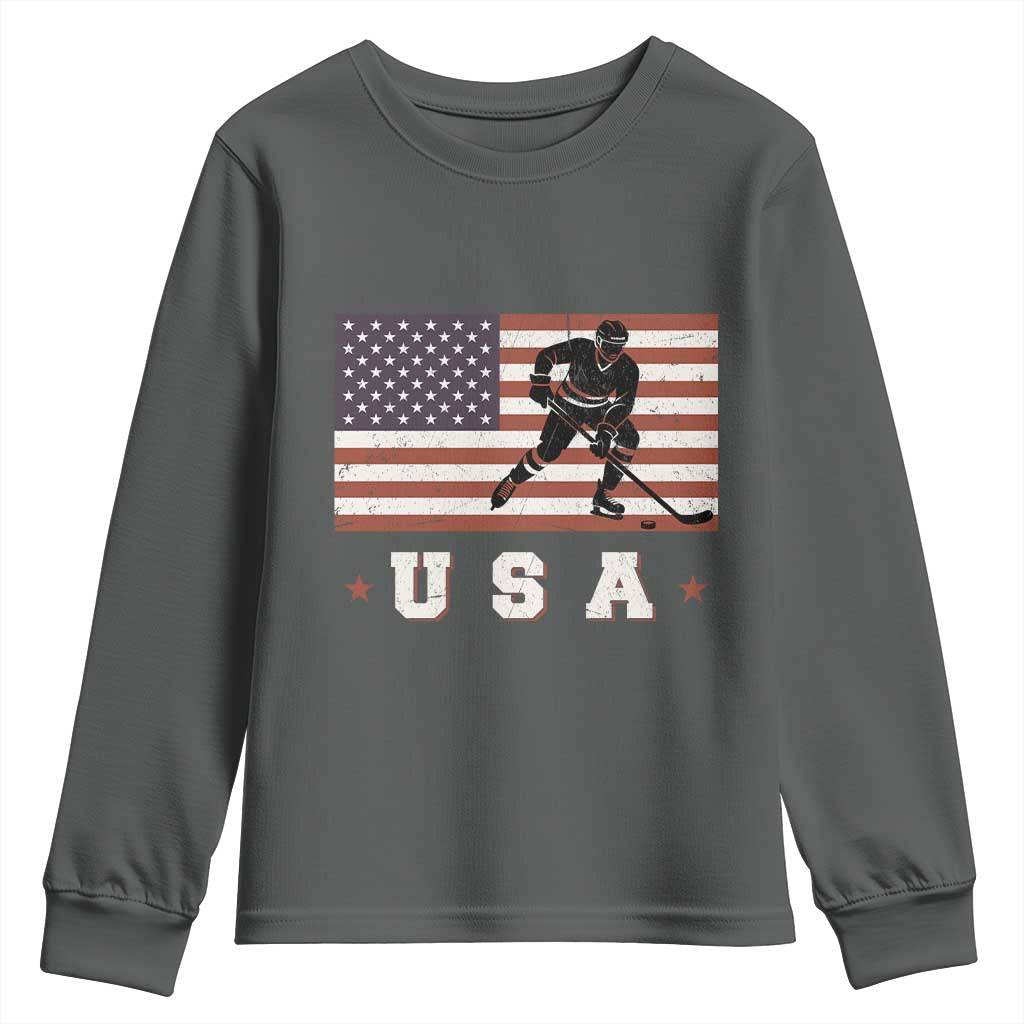 USA Flag Hockey Youth Sweatshirt Patriotic Ice Hockey Player Retro Vintage TS02 Dark Heather Print Your Wear
