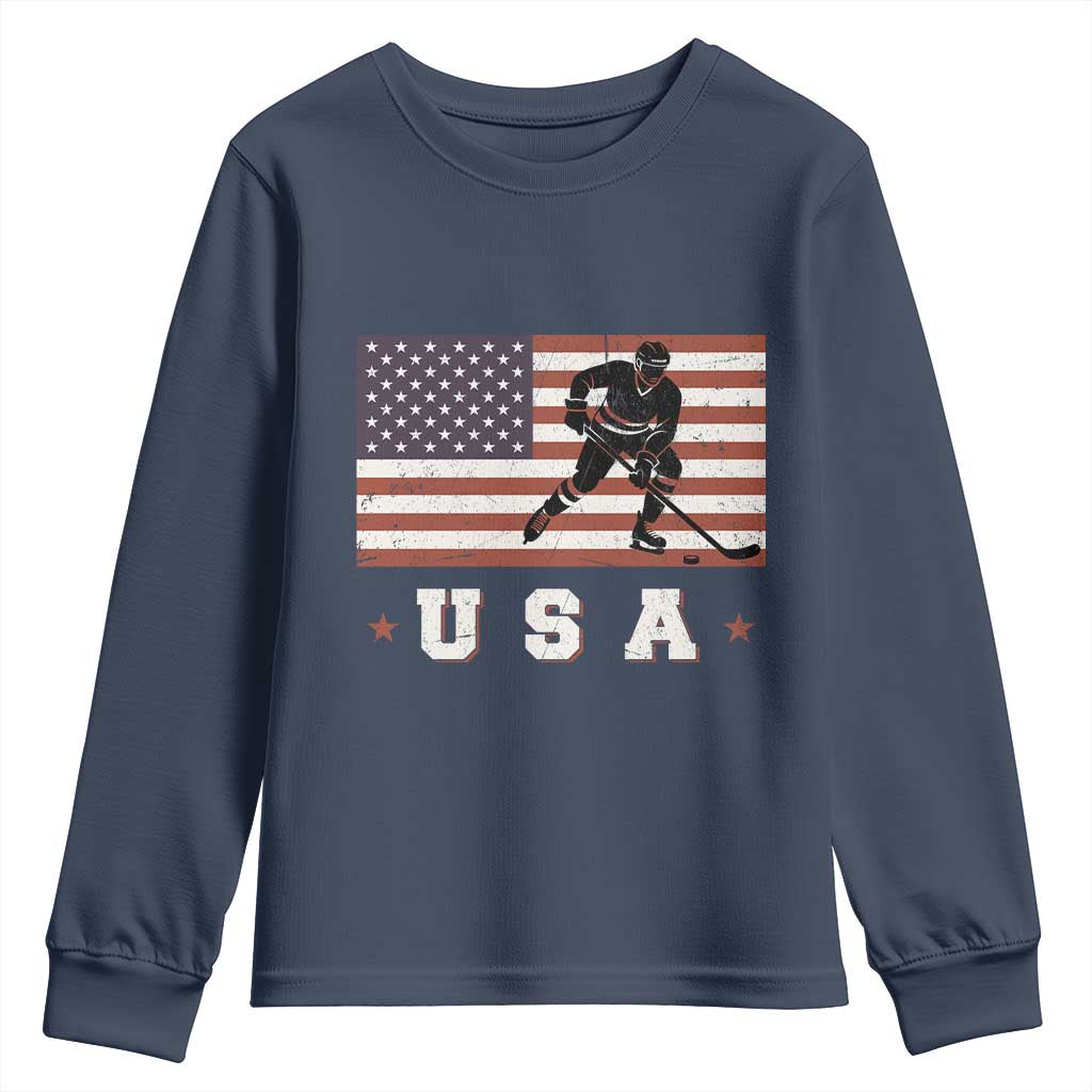USA Flag Hockey Youth Sweatshirt Patriotic Ice Hockey Player Retro Vintage TS02 Navy Print Your Wear