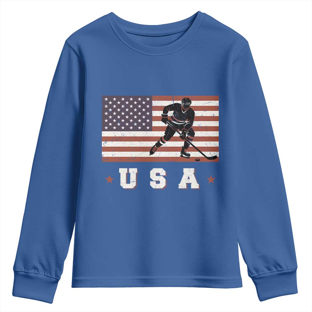 USA Flag Hockey Youth Sweatshirt Patriotic Ice Hockey Player Retro Vintage TS02 Royal Blue Print Your Wear