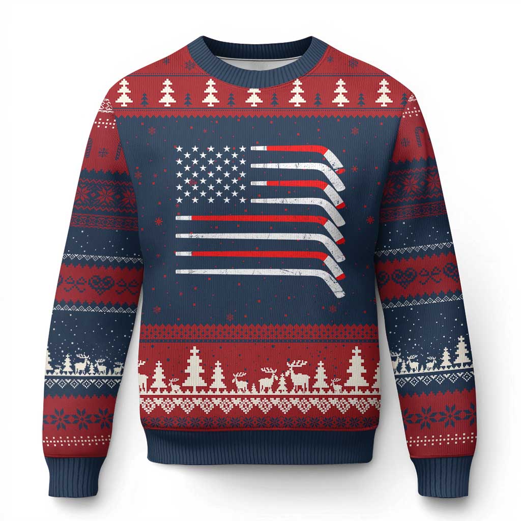 USA Flag Hockey Ugly Christmas Sweater Patriotic Hockey Stick American Flags TS02 Navy Red Print Your Wear